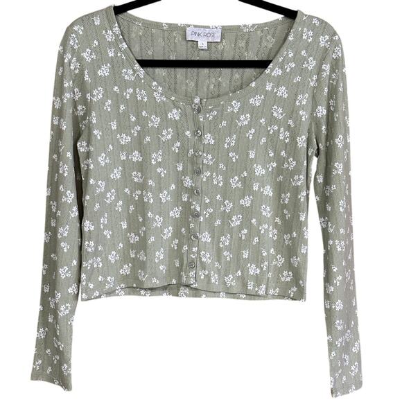 Pink Rose Green Floral Button-Up Knit Cardigan Top Size L - Picture 1 of 6